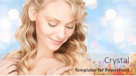  Presentation with hair care - Cool new presentation design with beauty people hair care and health concept - beautiful young woman face with long wavy hair over blue lights background backdrop and a coral colored foreground