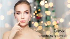  Presentation with plastic surgery - Cool new presentation theme with beauty people holidays and plastic surgery concept - beautiful young woman showing her lips over christmas tree lights background backdrop and a coral colored foreground