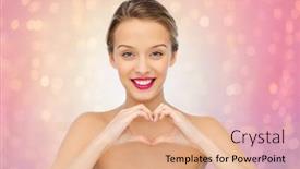  Presentation with serenity - Amazing PPT theme having beauty people love valentines day and make up concept - smiling young woman with pink lipstick on lips showing heart shape hand sign over rose quartz and serenity lights background backdrop and a coral colored foreground