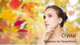  Presentation with season - Cool new slide deck with beauty people season and health concept - beautiful young woman touching her face over autumn leaves background backdrop and a coral colored foreground