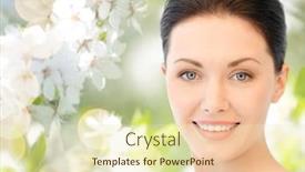  Presentation with green beauty - Presentation design with beauty people summer spring and health concept - beautiful young woman face over green blooming garden background background and a soft green colored foreground