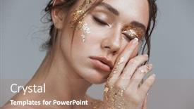 Presentation with golden woman - Beautiful PPT theme featuring beauty photo of brunette woman with soft healthy skin and golden makeup isolated over grey background with eyes closed backdrop and a coral colored foreground