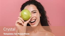  Presentation with pink beauty - Audience pleasing PPT theme consisting of beauty portrait of a happy young topless woman with curly brunette hair posing over pink background holding green apple backdrop and a coral colored foreground