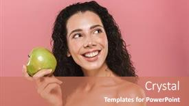  Presentation with pink beauty - Slides with beauty portrait of a lovely young topless woman with curly brunette hair posing over pink background holding green apple background and a coral colored foreground