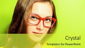  Presentation with green fashion - Presentation theme consisting of beauty portrait of a positive young woman in spectacles and bright yellow dress over green background beauty fashion optics background and a yellow colored foreground