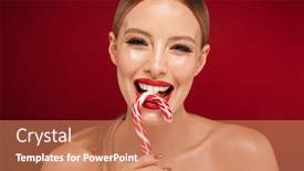  Presentation with christmas candy - Colorful slides enhanced with beauty portrait of a pretty young topless woman standing isolated over red background holding christmas candy cone backdrop and a coral colored foreground