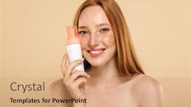  Presentation with lotion - Amazing slides having beauty portrait of a smiling young topless redhead girl with freckles isolated over beige background holding body lotion bottle backdrop and a coral colored foreground