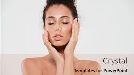  Presentation with closed - Colorful presentation theme enhanced with beauty portrait of a young sensual woman with healthy skin and eyes closed posing isolated over white background backdrop and a coral colored foreground