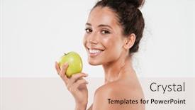  Presentation with green beauty - Amazing slides having beauty portrait of a young smiling woman with soft skin holding green apple and looking at camera isolated over white background backdrop and a lemonade colored foreground