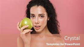  Presentation with curly hair - Theme enhanced with beauty portrait of an attractive young topless woman with curly brunette hair posing over pink background holding green apple background and a coral colored foreground