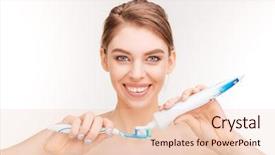  Presentation with toothpaste - Theme with beauty portrait of attractive smiling young woman using toothpaste and toothbrush over white background background and a lemonade colored foreground