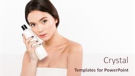  Presentation with lotion - Theme consisting of beauty portrait of beautiful asian woman looking camera and holding body lotion in her hand isolated over white background copy space background and a lemonade colored foreground