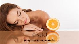  Presentation with ginger - Colorful PPT layouts enhanced with beauty portrait of ginger woman with long hair lying on mirror table near the fresh orange over grey background backdrop and a coral colored foreground