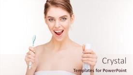  Presentation with toothpaste - Theme featuring beauty portrait of joyful charming young woman holding toothpaste and toothbrush over white background background and a lemonade colored foreground