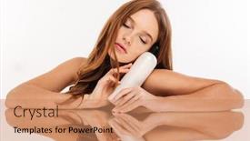  Presentation with mystery - Cool new PPT theme with table with bottle of lotion backdrop and a coral colored foreground