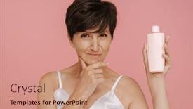  Presentation with lotion - PPT theme enhanced with beauty-portrait-of-smiling-senior background and a coral colored foreground