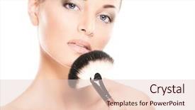  Presentation with beauty makeup - Presentation theme featuring beauty portrait of young attractive fresh healthy and natural woman with the makeup brush isolated on white background and a lemonade colored foreground