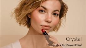  Presentation with lipstick - Presentation design consisting of beauty-portrait-of-young-blonde background and a coral colored foreground