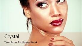  Presentation with beauty makeup - PPT layouts with beauty portrait of young mulatto background and a coral colored foreground