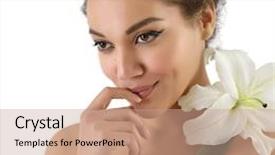  Presentation with lily flower - Presentation theme consisting of beauty portrait of young mulatto woman with lily flower over white background background and a coral colored foreground