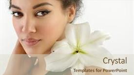  Presentation with lily flower - Presentation theme with beauty portrait of young mulatto woman with lily flower over white background background and a soft green colored foreground