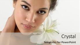  Presentation with lily flower - Presentation having beauty portrait of young mulatto woman with lily flower over white background background and a lemonade colored foreground