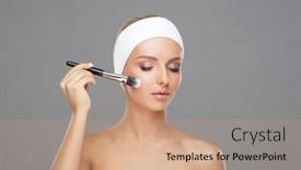  Presentation with beauty makeup - PPT theme enhanced with beauty portrait of young and attractive woman with makeup brush background and a coral colored foreground