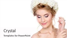  Presentation with beauty cosmetics - PPT theme with beauty portrait smiling young woman with natural make-up and wreath of white flowers on her head summer spring inspiration beauty fashion cosmetics isolated over white background and a sky blue colored foreground
