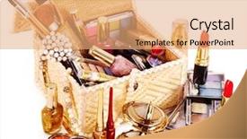  Presentation with beauty makeup - Amazing PPT layouts having beauty product - decorative cosmetics in makeup box backdrop and a coral colored foreground