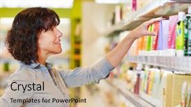  Presentation with decision making - Presentation theme featuring beauty product - elderly woman making shopping decision background and a coral colored foreground