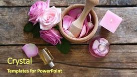  Presentation with oils - PPT theme enhanced with beauty product - essential oils with rose petals background and a tawny brown colored foreground