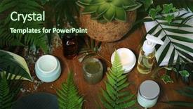  Presentation with beauty cosmetics - Colorful PPT theme enhanced with beauty product - green cosmetics composition backdrop and a tawny brown colored foreground