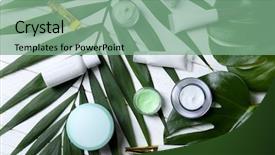  Presentation with cosmetics natural - Cool new PPT theme with beauty product - natural cosmetics and leaves backdrop and a seafoam green colored foreground