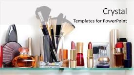  Presentation with beauty cosmetics - PPT layouts with beauty product - white bathroom shelf with cosmetics background and a white colored foreground