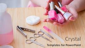  Presentation with nail care tools - PPT theme with beauty products nail care tools pedicure closeup background and a lemonade colored foreground