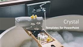  Presentation with beauty products - Amazing presentation theme having beauty products on tray on bathtub bath with foam is filling with water relaxing in bali luxury spa hotel backdrop and a gray colored foreground