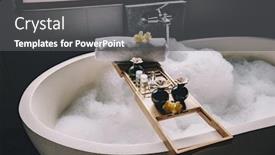  Presentation with beauty products - Beautiful presentation design featuring beauty products on tray on bathtub by the window bath with foam is filling with water relaxing in bali luxury spa hotel backdrop and a dark gray colored foreground