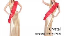  Presentation with queen - Presentation enhanced with beauty queen at contest isolated background and a white colored foreground