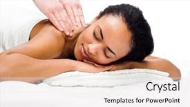  Presentation with blue eyes technology close up - Presentation theme with beauty salon afro - women with closed eyes receiving background and a white colored foreground