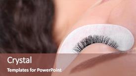  Presentation with young man and a woman - Colorful slides enhanced with beauty salon afro - young woman undergoing eyelash extensions backdrop and a tawny brown colored foreground