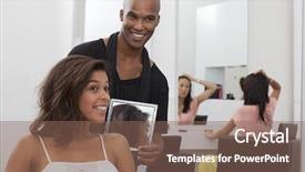  Presentation with beauty salon men - PPT theme consisting of beauty salon men - hairdresser holding a mirror behind background and a violet colored foreground