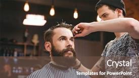  Presentation with hair salon - Colorful presentation design enhanced with beauty salon men - handsome skillful barber cutting hair backdrop and a tawny brown colored foreground