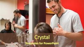  Presentation with hair salon - Theme with beauty salon men - smiling male hairdresser cutting hair background and a tawny brown colored foreground
