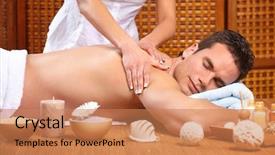  Presentation with beauty salon men - Slides featuring beauty salon men - young handsome man getting background and a coral colored foreground