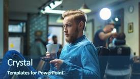  Presentation with beauty salon men - Amazing PPT layouts having beauty salon men - young man with cup indoors backdrop and a ocean colored foreground