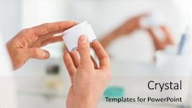  Presentation with skin care - Presentation theme enhanced with beauty skin care and people concept - close up of happy young man with facial cream at bathroom background and a coral colored foreground