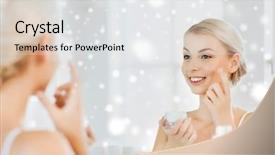  Presentation with home care - Presentation theme consisting of beauty skin care and people concept - smiling young woman applying cream to face and looking to mirror at home bathroom over snow background and a white colored foreground