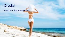  Presentation with hat - Slide deck consisting of beauty slimming - beautiful young woman in alluring background and a sky blue colored foreground