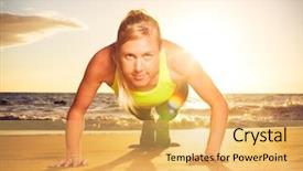  Presentation with sunset beach - Slides having beauty slimming - fitness young woman doing push background and a yellow colored foreground