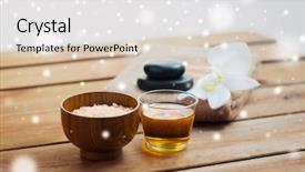  Presentation with pink himalayan salt himalayan salt - Slide deck featuring beauty spa bodycare natural cosmetics and concept - himalayan pink salt with honey and bath towel and hot stones on wooden table over snow background and a white colored foreground